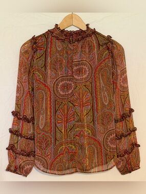 NWT Ann Taylor Chiffon Paisley Ruffle Blouse Metallic Shimmer Boho Top XXSP